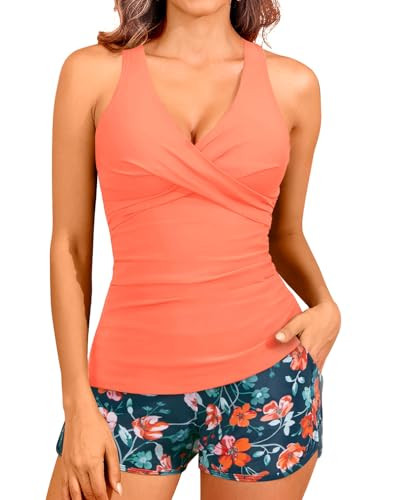 Women Orange Floral Tankini Swimsuits with Shorts - Two Piece Tummy Control Bathing Suits Top with Two Pockets Bottom Swimwear M | Amazon (US)