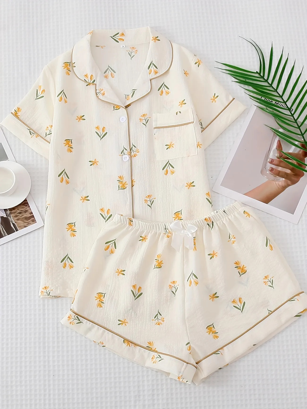 Cute Floral Print Pajama Set, Short Sleeve Lapel Buttons Top & Elastic Waistband Shorts, Women's ... | Temu Affiliate Program