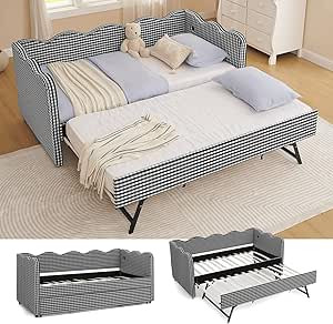 Gingham Daybed with Trundle Twin Size Sofa Bed, Linen Fabric Daybed Frame w/Roll-Out Trundle and ... | Amazon (US)