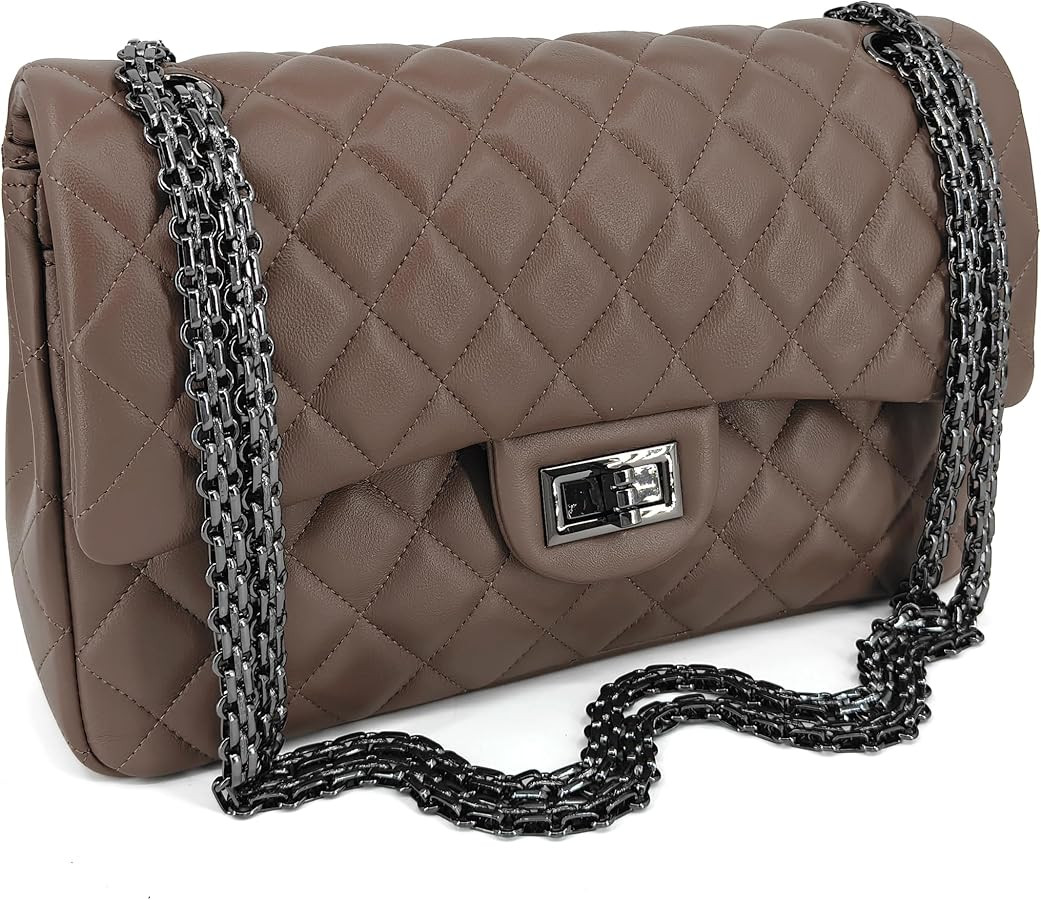 Quilted Leather Crossbody Bags for Women,Soft Lambskin Adjustable Double Chain Strap Shoulder Bag... | Amazon (US)