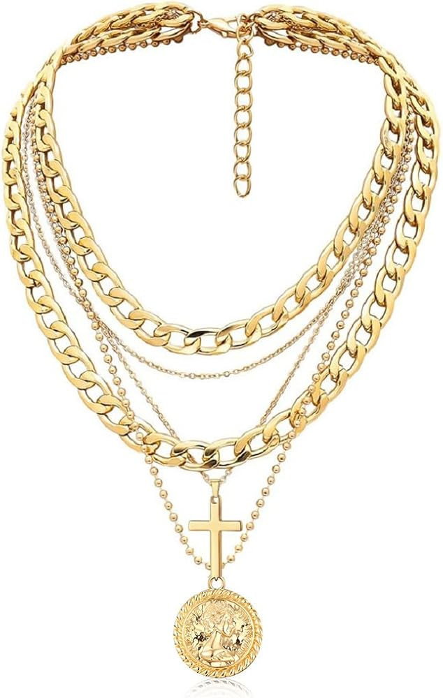 Amazon.com: Gold Layered Necklaces for Women Trendy Retro Coin Pendant Necklace Dainty Chunky Cha... | Amazon (US)