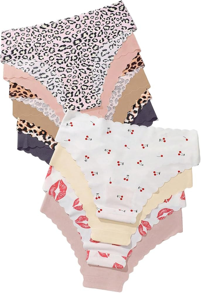 Women's 10 Pack Thongs Set Leopard Print Seamless Brief Floral Scallop Mid Rise No Show Panty Set | Amazon (US)