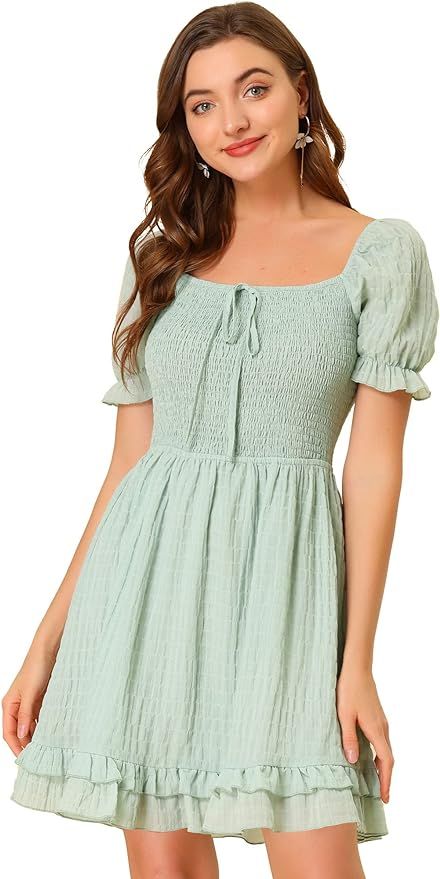 Allegra K Smocked Dress for Women's Cute Puff Sleeve Square Neck Ruffle Hem A-line Dress | Amazon (US)