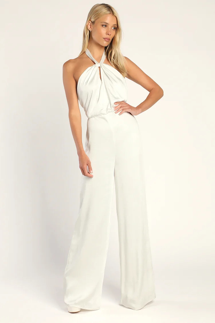 Adoring Angel Ivory Satin Wide-Leg Halter Jumpsuit | Lulus