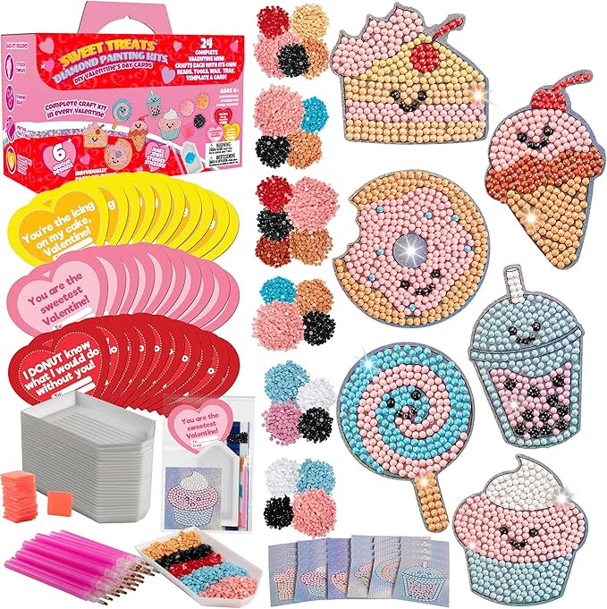 Set of 24 Valentines Cards for Kids Classroom - Valentine's Day Sweet Treats Diamond Painting Kit... | Amazon (US)
