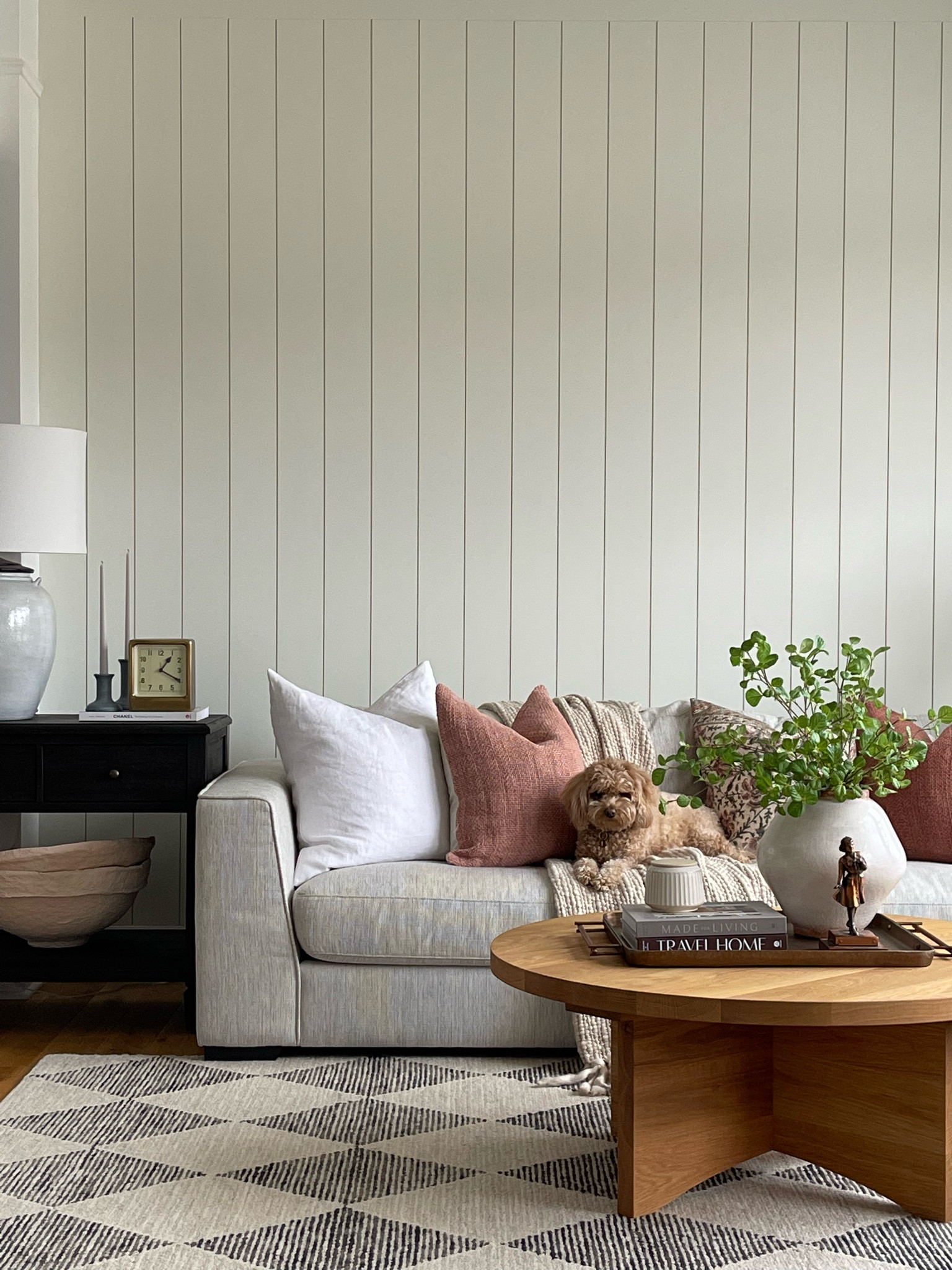 Living room, home decor, Pottery Barn, spring decor, neutral home, home sale, home design, interiors, vertical shiplap, throw pillows, blankets, cozy, golden doodle, coffee table decor, family room

#LTKSeasonal #LTKunder100 #LTKhome