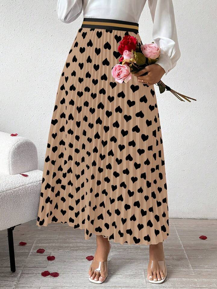 SHEIN Privé Heart Pattern Printed Pleated Skirt | SHEIN