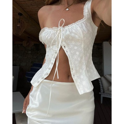 Women Ruffled Square Neck Embroidery Cami Top Front Tie Sleeveless Tank Blouse, White, M | Target