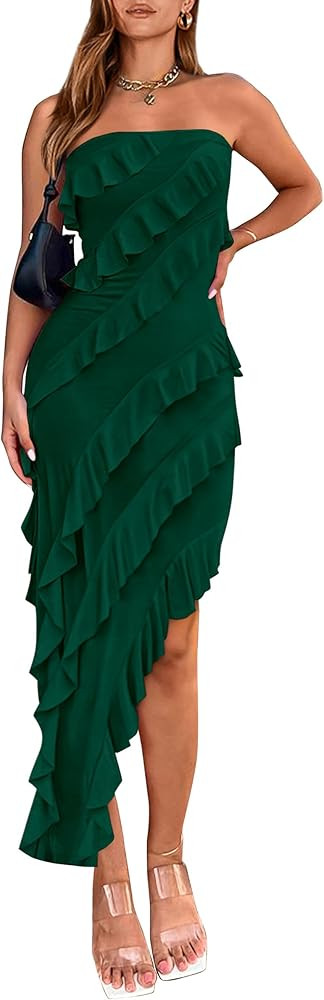 PRETTYGARDEN Women's Summer Long Formal Cocktail Dress Strapless Tube Asymmetrical Ruffle Maxi Bo... | Amazon (US)