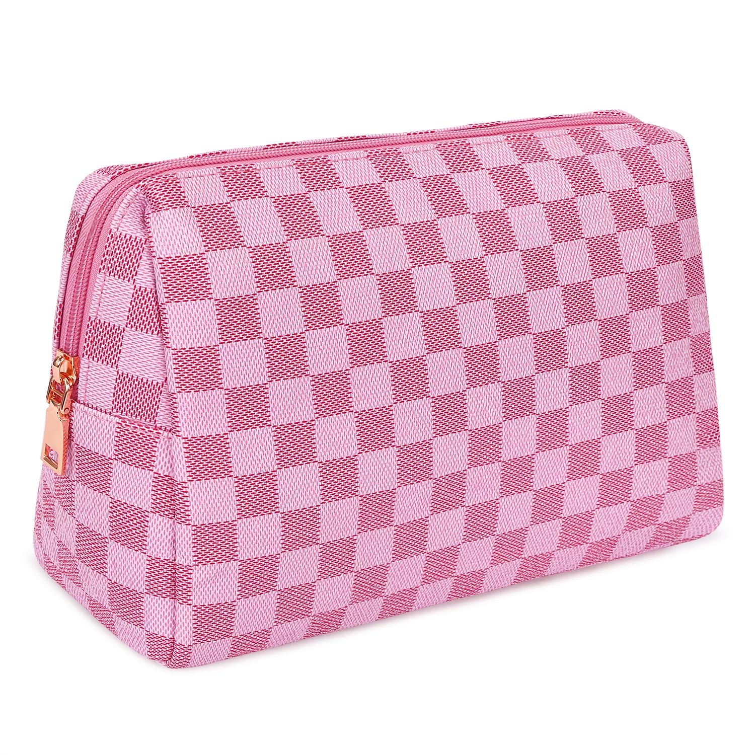 Travel Makeup Bag for Women Pink Checkered Cosmetic Pouch Vegan Leather Large Retro Toiletry Bag ... | Walmart (US)