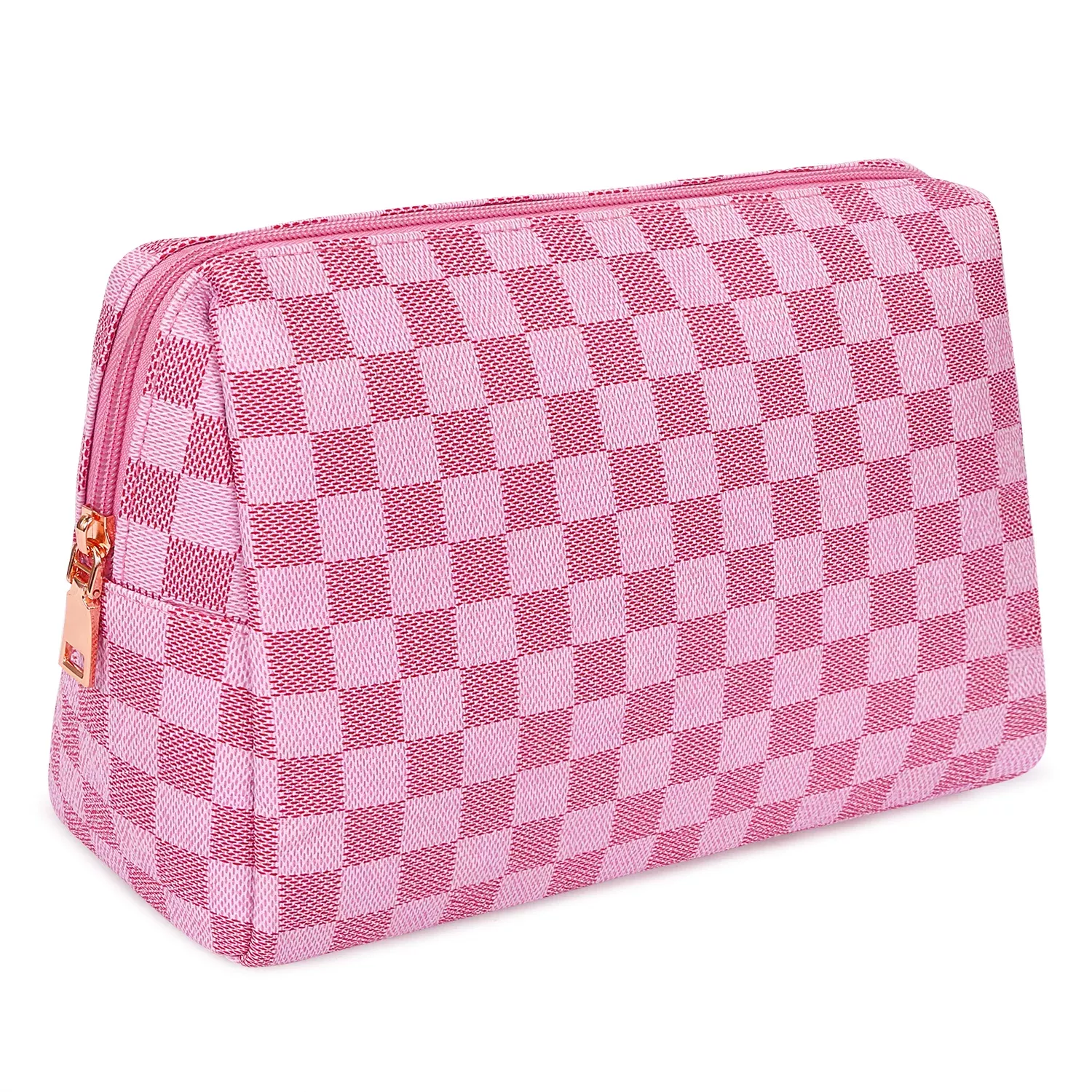 Lumento Brown Checkered Makeup Bag,Travel Storage Cosmetic Bag,PU Vegan  Leather Make Up Pouch,Portable Toiletry Organizer 