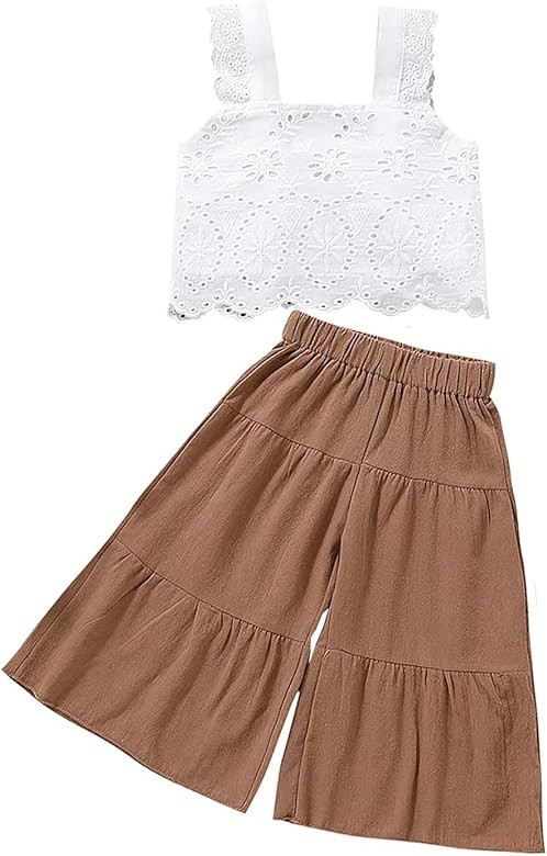 VISGOGO Kids Baby Girls Summer Outfit Solid Color Sleeveless Lace Toddler Tank Tops Bell-bottom W... | Amazon (US)