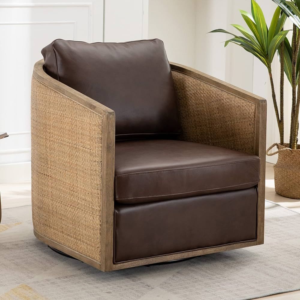 Sudwesto Swivel Barrel Chair with Rattan Design, Leather Accent Sofa Chair, Club Chair with Pillow, Leisure Arm Chair for Living Room, Hotel, Bedroom, Office, Lounge (Brown) | Amazon (US)