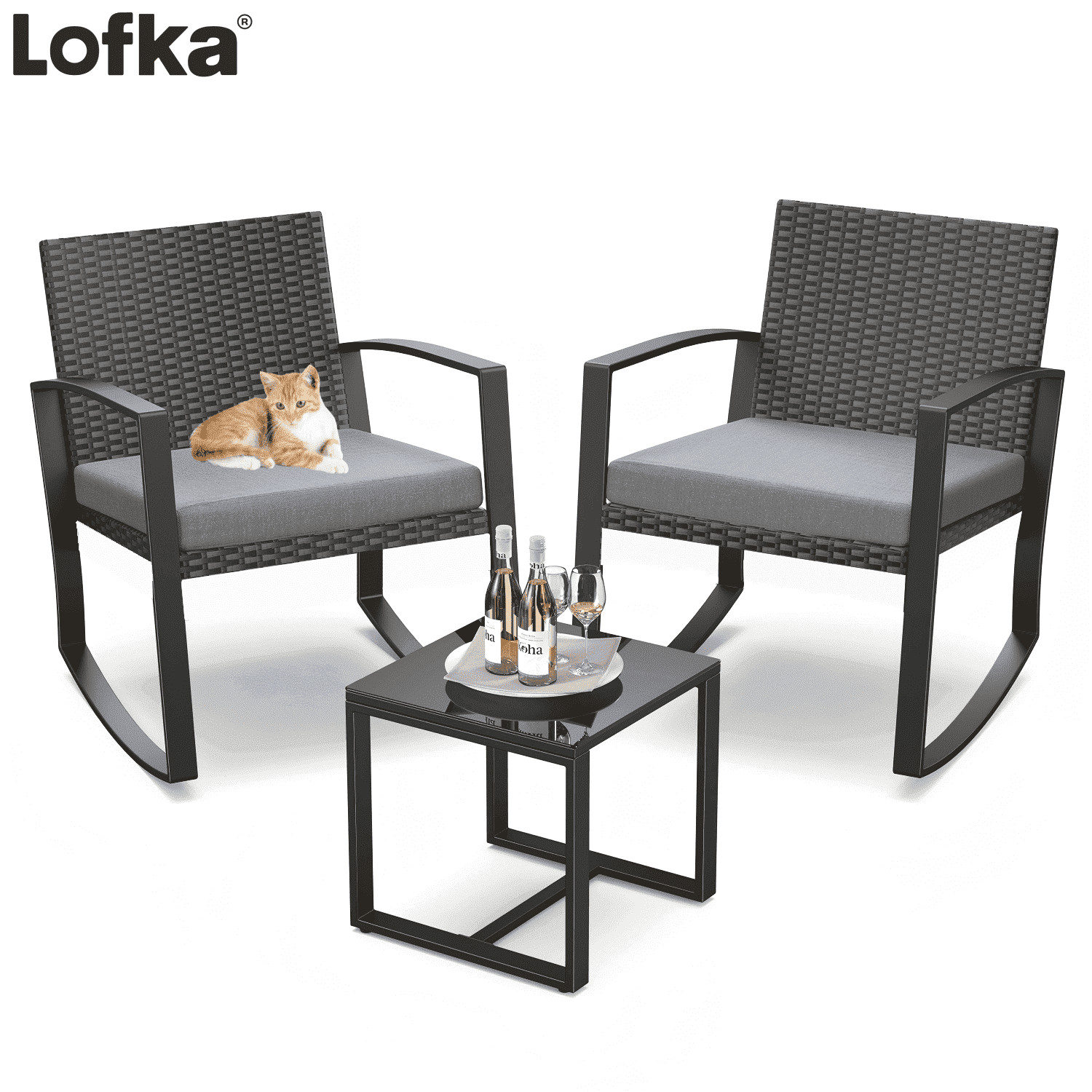 Patio Furniture Set Lofka 3 Pieces Outdoor Rocking Chairs Set with Glass Coffee Table for Garden, Bistro, Porch, Balcony, Backyard, Gray Cushion | Walmart (US)