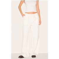 Premium White Linen Drawstring Straight Leg Trousers, White | PrettyLittleThing UK