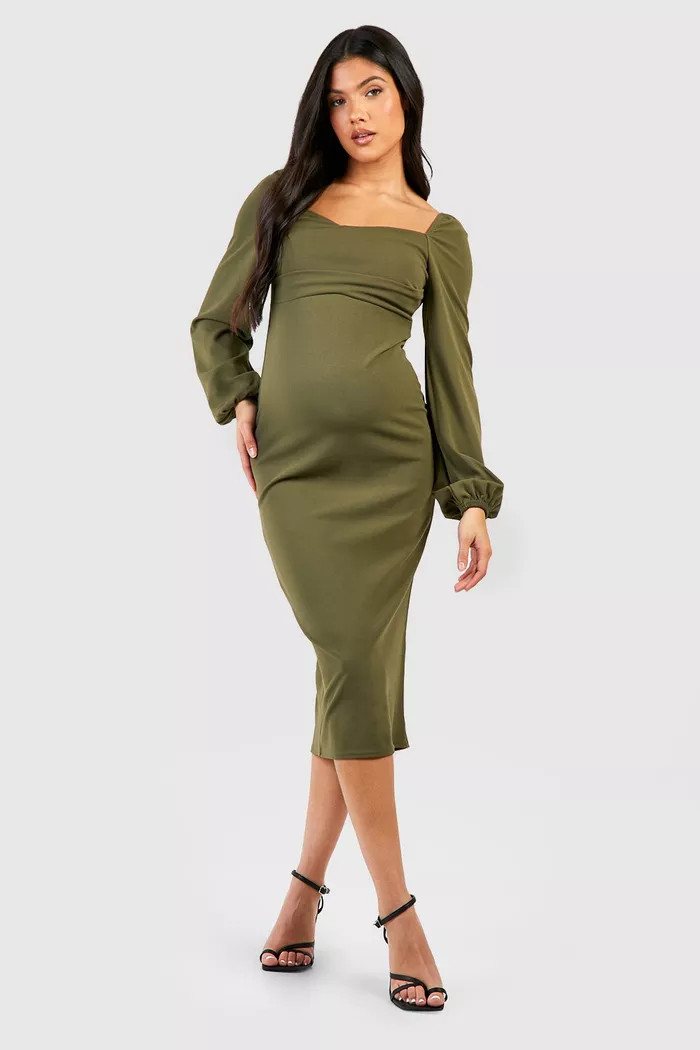 Maternity Drape Detail Blouson Sleeve Midi Dress | boohoo (US & Canada)