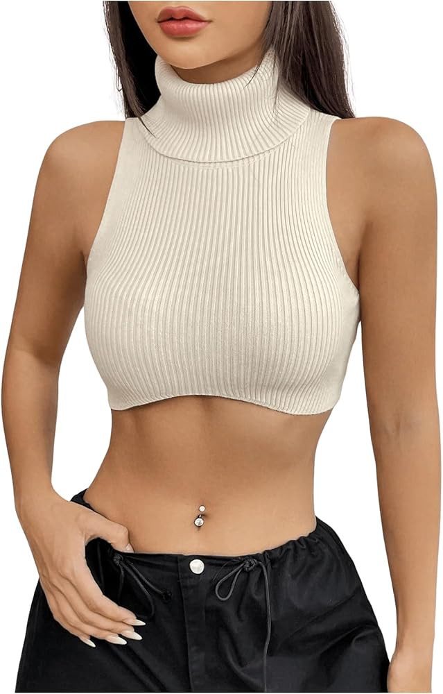 Floerns Women's Solid Sleeveless Ribbed Vest Turtleneck Knitted Crop Tank Top | Amazon (US)
