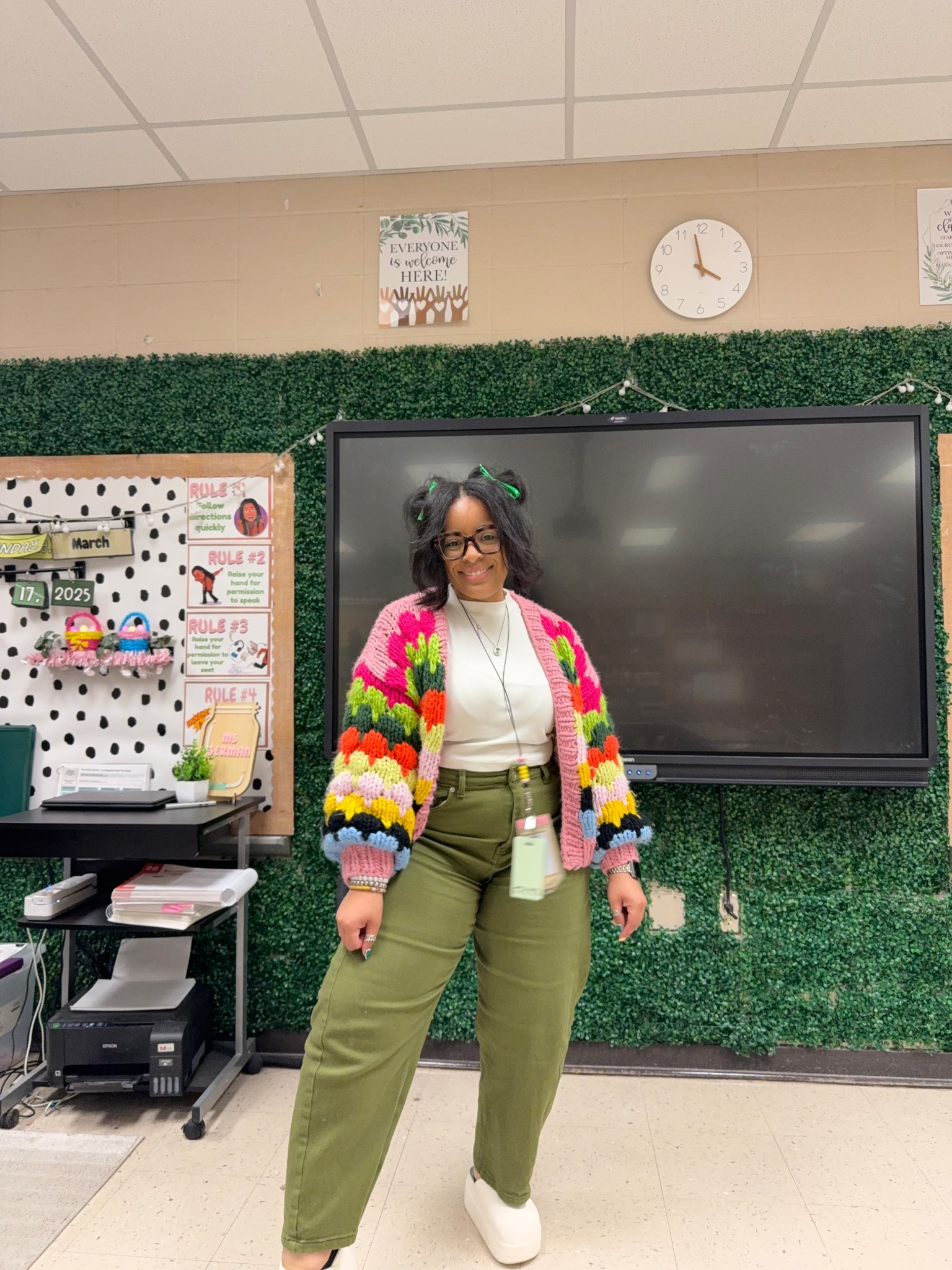 Sweater | Pants : FASHION NOVA (can’t link) 
Sweater: https://www.fashionnova.com/products/juicy-and-sweet-cherry-cardigan-red-combo
Pants: https://www.fashionnova.com/products/allegra-barrel-pant-olive