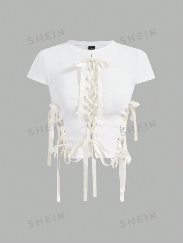 SHEINNeu Summer Coquette Kawaii Balletcore Braid Bow Ribbon Short Sleeve Round Neck T-Shirt K-Pop... | SHEIN