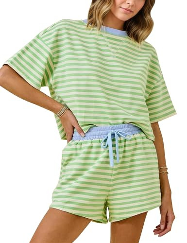 MISSACTIVER Womens Lounge 2 Piece Sets Summer Striped Matching Pajamas Set Short Sleeve Oversized... | Amazon (US)