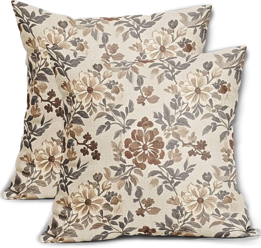 Brown Vintage Floral Pillow Covers 20x20 Inch Set of 2, Grey Gray Antique Flower Block Print Patt... | Amazon (US)