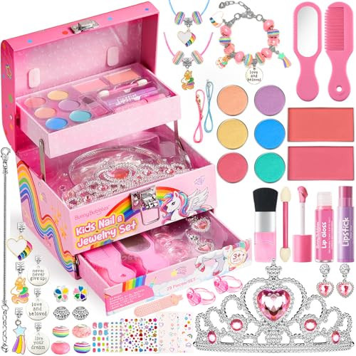 Kids Makeup Kit for Girls, Real Washable Cosmetic Set with Mirror, Jewelry Bracelet Making Kit for Kids Makeup Toy, Kids Makeup Sets for Girls 4 5 6 7 8 9 10 11 12 Years Old Kid (Pink) | Amazon (US)