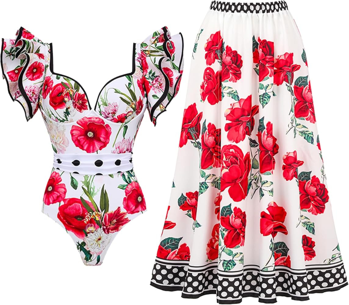 FLAXMAKER Shoulder Three-Dimensional Ruffles Colorful Flower Print Women's One Piece Swimsuit and... | Amazon (US)