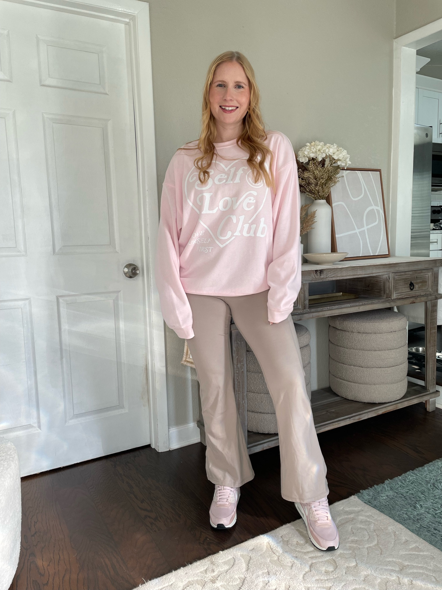 Women's Self Love Club Graphic Sweatshirt - Pink - size small (runs big!!) it’s so soft on the inside has fleece lining to it!  Wearing it casually with flare leggings and pink Nike sneakers // Valentine’s Day , target outfit , target style , crewneck sweater for Valentine’s Day - Affordable by Amanda target outfit idea 

#LTKSeasonal #LTKfindsunder50 #LTKmidsize