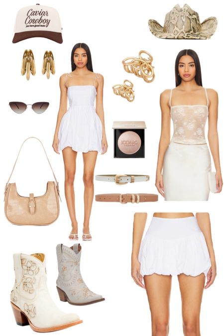 Country concert outfit, white dress, summer outfit, spring outfit, Nashville outfit, western outfit, cowboy hat, cowboy boots, brown belt, white belt, white skirt, white lace top, gold hair clip, sunglasses, gold hoops, western boots  

#LTKFestival #LTKstyletip #LTKfindsunder100