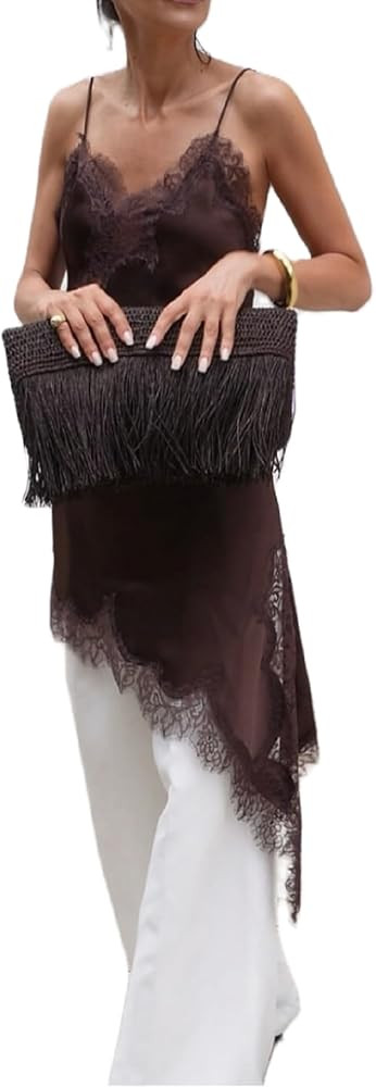 Women Lace Trim Satin High Low Tops Silk Spaghetti Strap Asymmetrical Side Split Cami Top Flowy S... | Amazon (US)