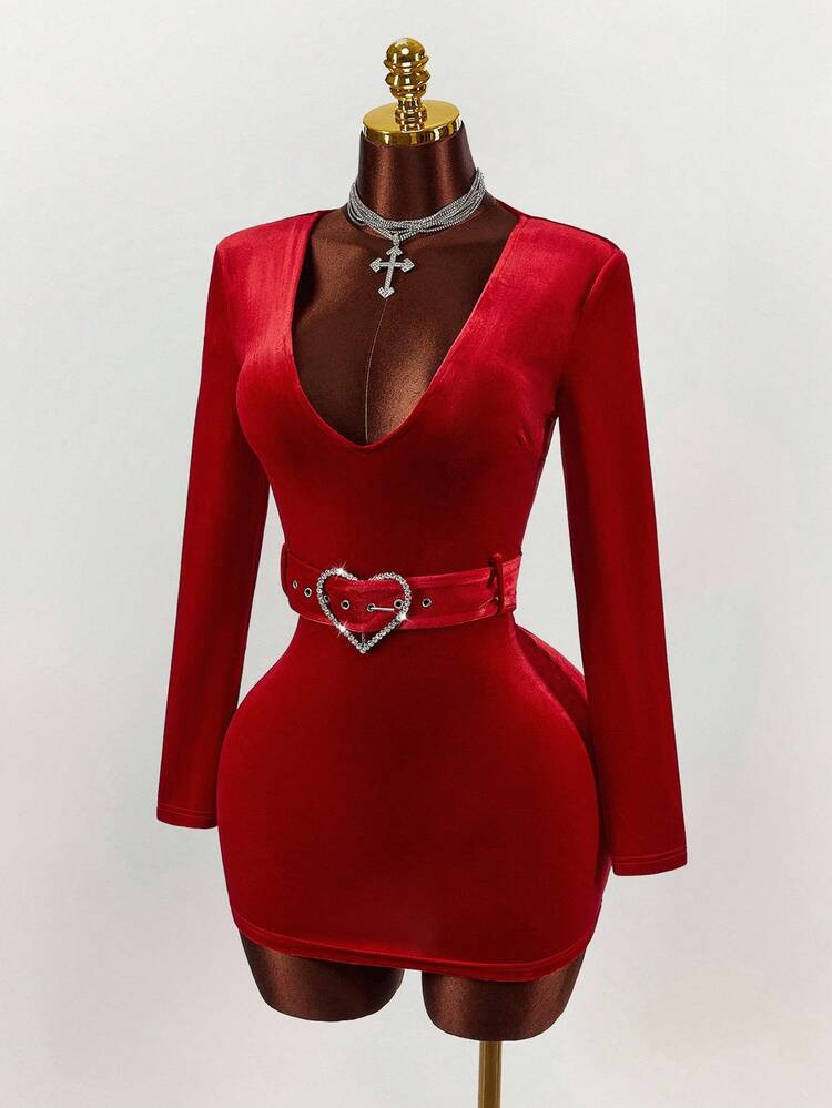 Amplova Y2K Amplova Christmas New Year Thanksgiving Party Women's Solid Color Deep V-Neck Long Sl... | SHEIN