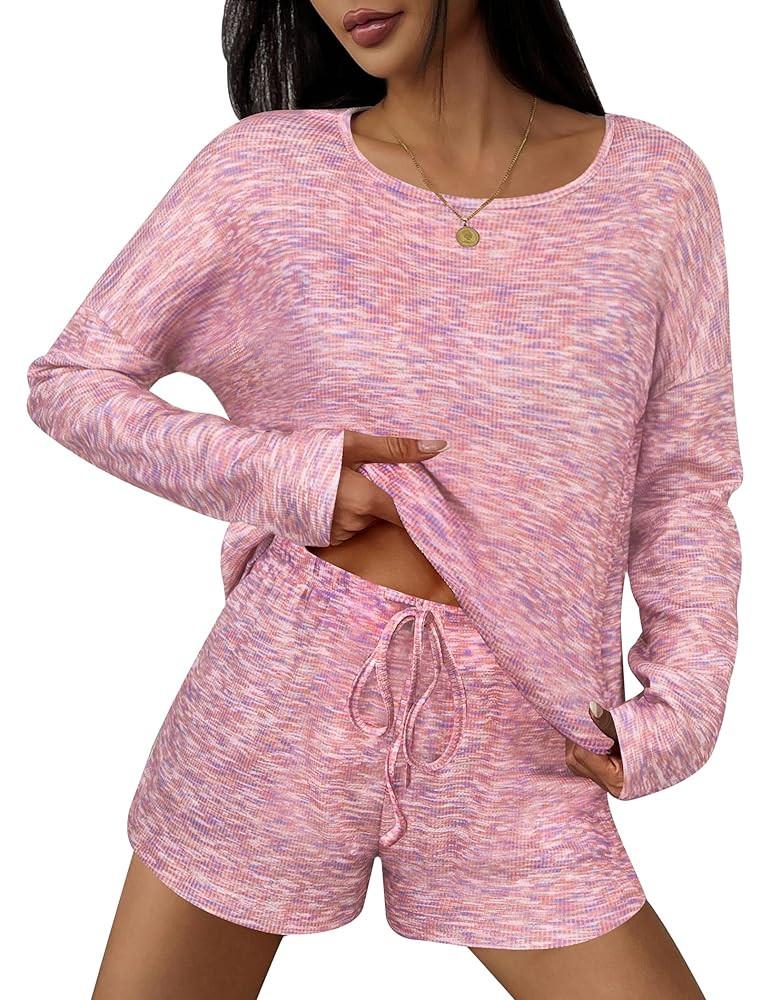 Ekouaer Waffle Lounge Sets Long Sleeve Shorts Striped Pajamas Set Matching Waffles Knit 2 Piece O... | Amazon (US)