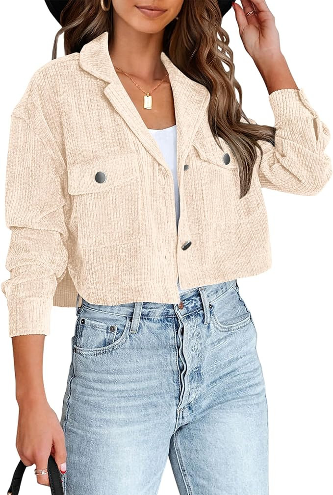 BTFBM Women's Corduroy Cropped Jacket 2024 Winter Fall Lapel Button Down Casual Short Shacket Jac... | Amazon (US)