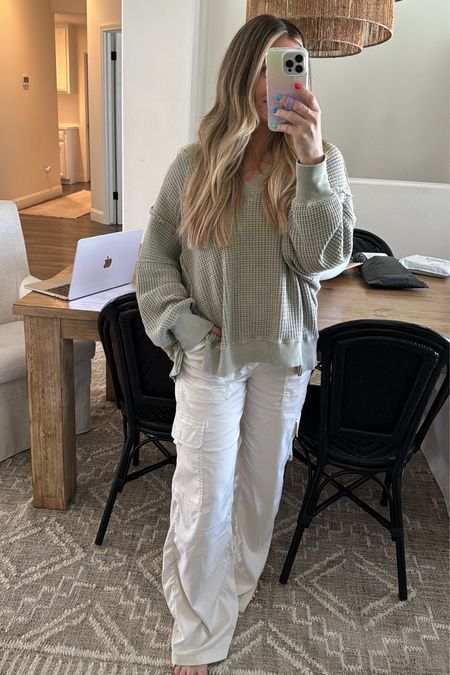 Comfiest cargo pants! They run a little on the big side, so no need to size up!!! So cute & comfy and will be super cute with a tank as the weather warms up! 