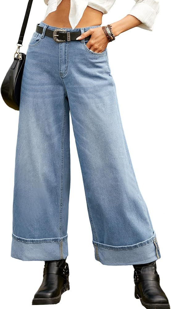 Women's Straight Wide Leg High Waist Jeans for Trendy Stretch Denim Pants with Cuffed Hem-Comfort... | Amazon (US)