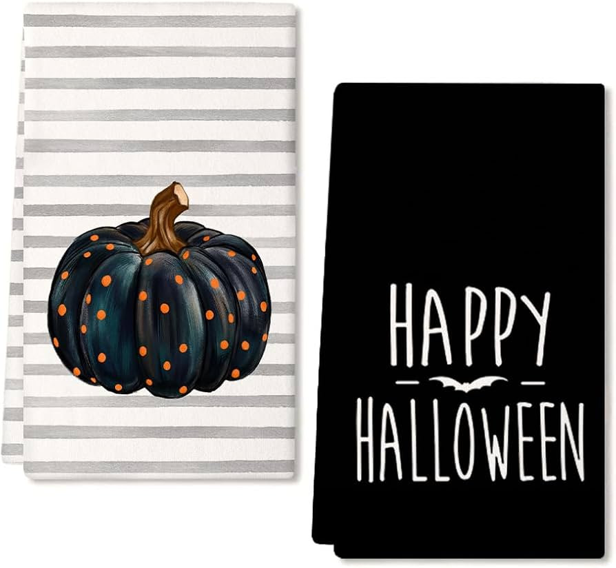 Halloween Kitchen Dish Towels Black Pumpkin Polka dot Stripes 18x26 Inch Ultra Absorbent Bar Dryi... | Amazon (US)