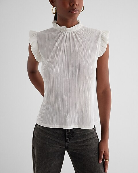Ribbed Mock Neck Flutter Sleeve Top | Express