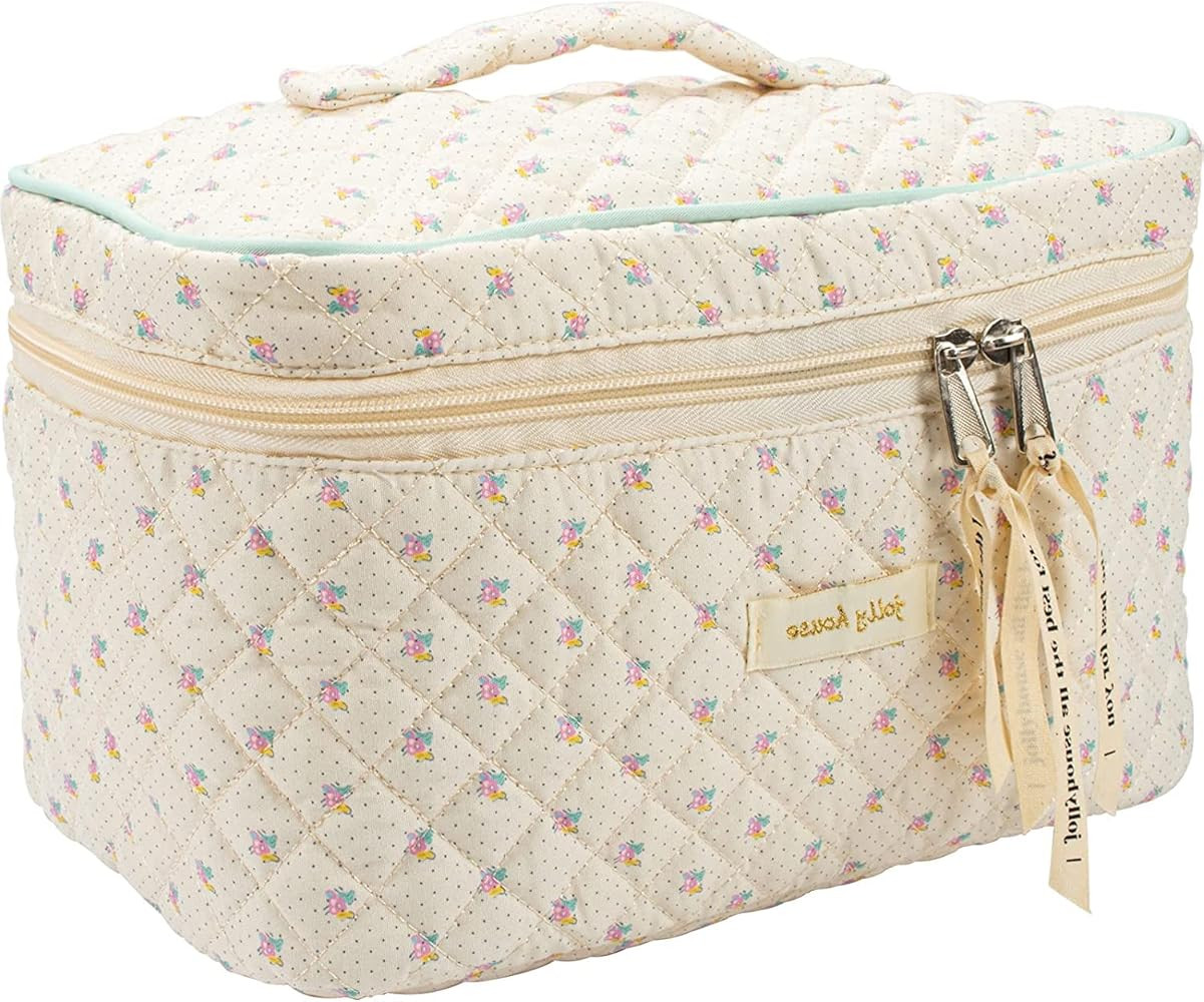 Floral Quilted Makeup Bag Cotton Puffy Cosmetic Wash Pouch Large Capacity Travel Cosmetic Bag Cut... | Amazon (UK)