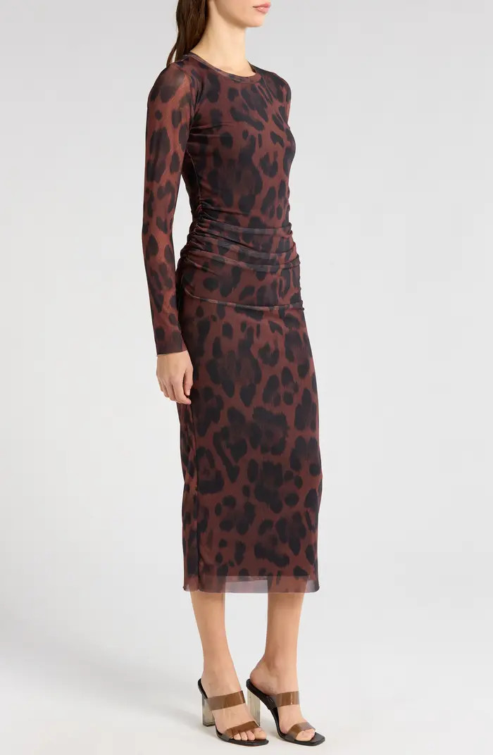 Ruched Long Sleeve Mesh Midi Dress | Nordstrom