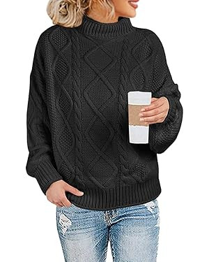 Womens Turtleneck Oversized Pullover Sweaters Cable Knit Batwing Long Sleeve Loose Fit Chunky Jum... | Amazon (US)