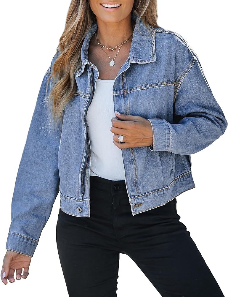 luvamia Oversized Jean Jacket Women Cropped Zip Up Denim Jackets Lightweight Trucker ... | Amazon (US)