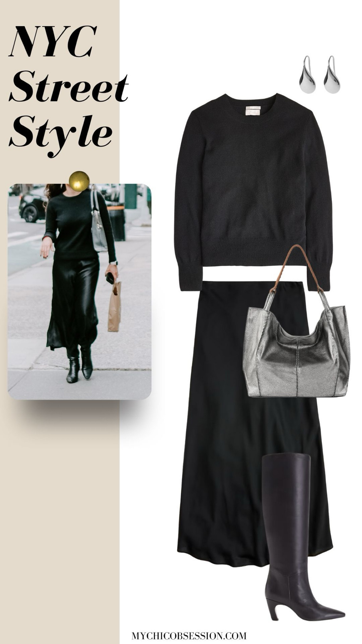 Spotted on the streets of New York City: monochromatic black looks with pops of silver. Style a cashmere crewneck sweater with a satin slip skirt, and tall leather boots. Add a metallic tote bag and silver drop earrings to complete the look!

#LTKSeasonal #LTKStyleTip #LTKItBag