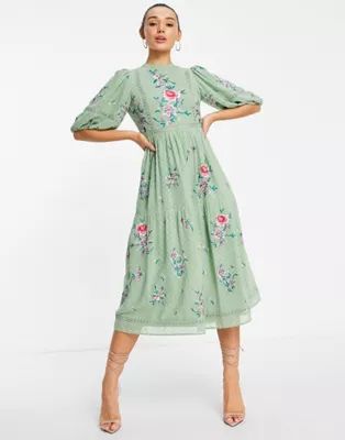 ASOS DESIGN high neck textured embroidered midi dress with lace trims in soft green | ASOS (Global)