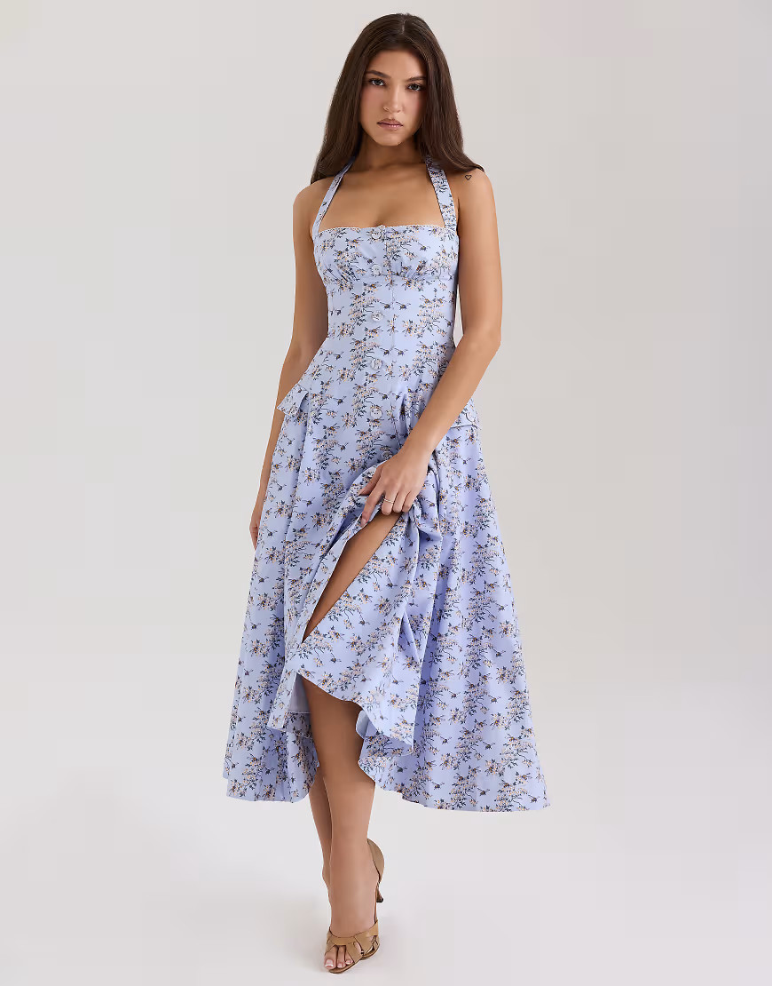 House of CB Claudia stretch cotton halter neck midi dress in blue floral print | ASOS (Global)