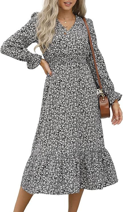 PRETTYGARDEN Women's Casual Long Sleeve Midi Fall Dress Boho Pleated V Neck Ruffled Vintage Flora... | Amazon (US)