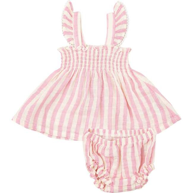 PINK STRIPE RUFFLE STRAP SMOCKED TOP AND DIAPER COVER, Pink | Maisonette