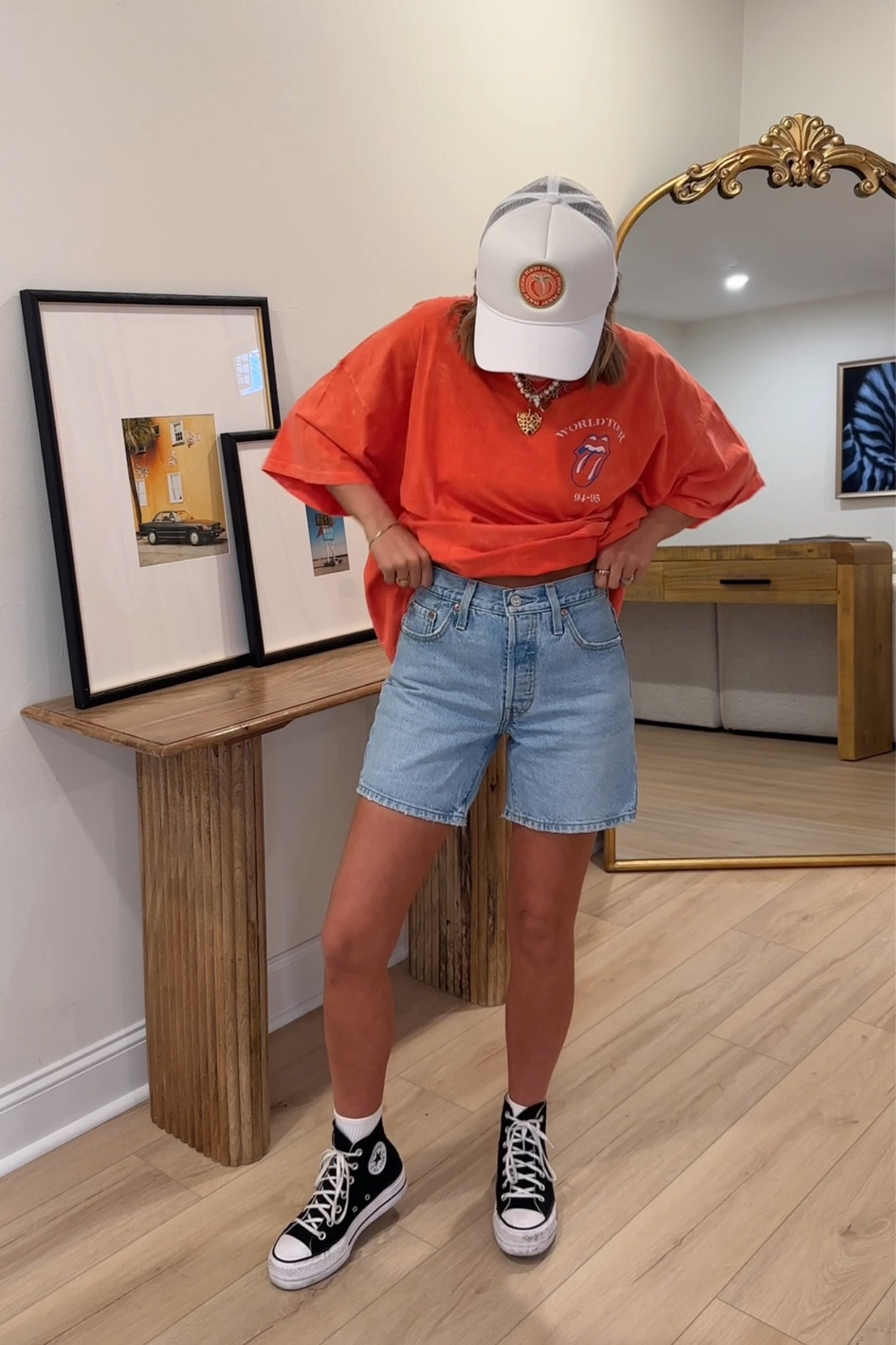 I’m wearing size large in the tee, size 25 in the shorts (sized up) and size 7 in the shoes! 

#LTKfindsunder100 #LTKstyletip