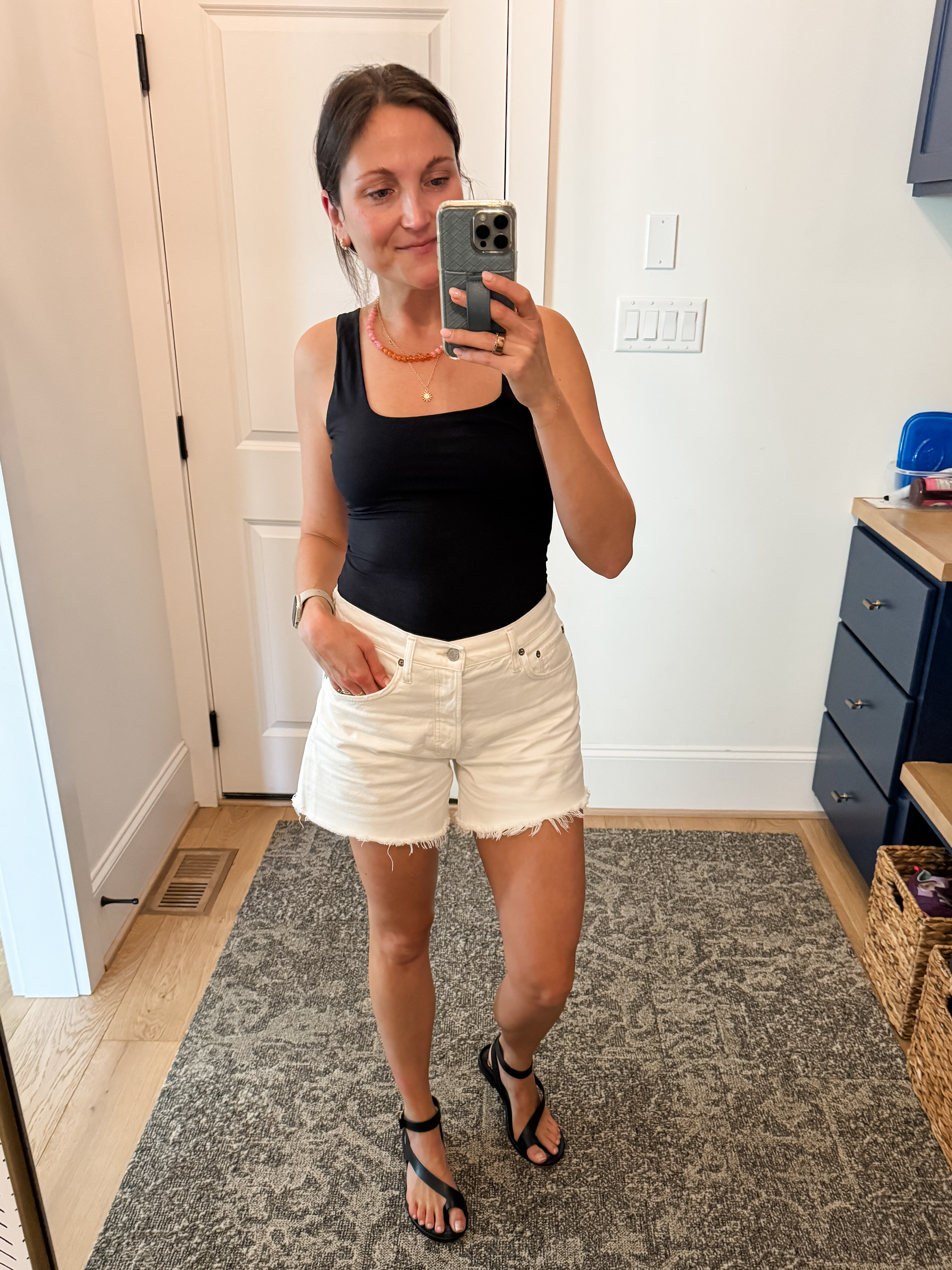 Summer Outfit | beaded Necklace | Summer Sandals | White Shorts | Denim Shorts | White denim Shorts  

 #LTKSummerEdit #LTKSeasonal #LTKStyleTip