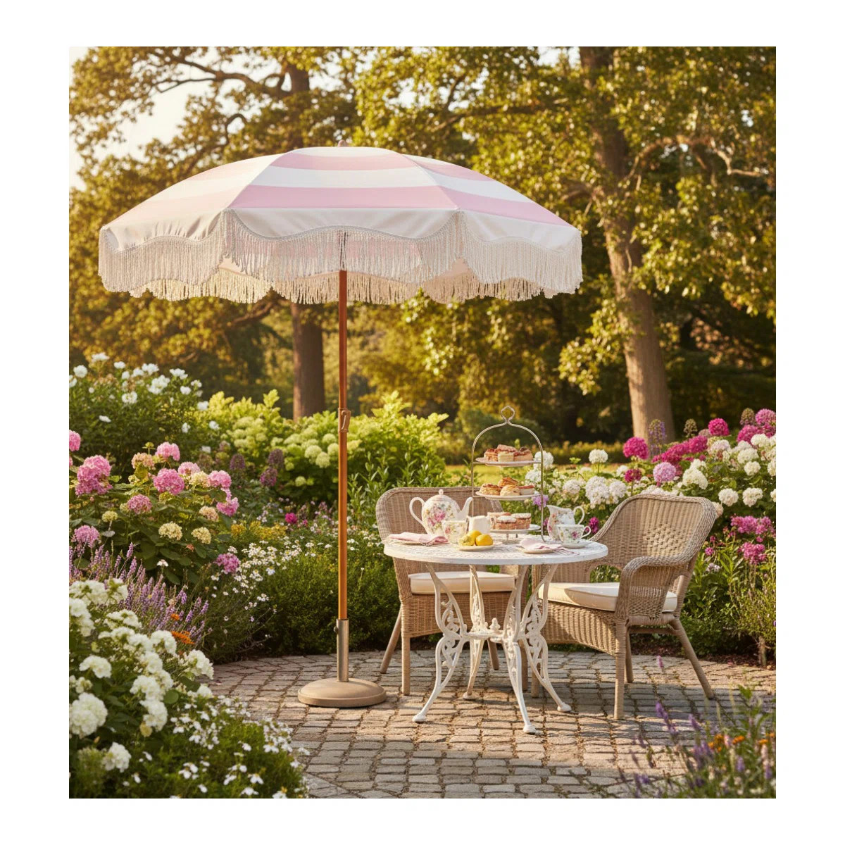 6.5Ft Boho Fringe Patio Umbrella, UPF50+ Outdoor Picnic Umbrella With Tassels Steel Pole & Push B... | Wayfair North America