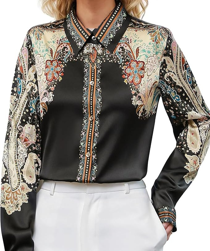 LAI MENG FIVE CATS Women's Silk Satin Shirt Floral Print Long Sleeve Button Down Casual Blouse To... | Amazon (US)